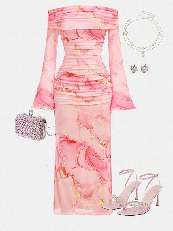 Girlism Vestido largo de manga larga con hombros descubiertos, volantes y abertura, con estampado de mármol rosa elegante, adecuado para fiesta, otoño, Y2K, para adolescentes