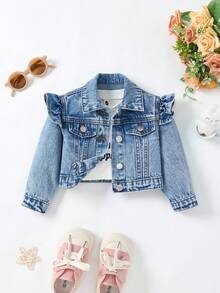 SHEIN 女婴蓝色牛仔翻领长袖短款外套，秋冬季休闲时尚度假装 - 深色水洗藍 - 查看 5