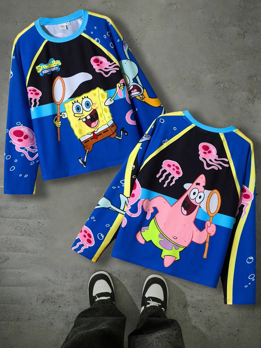 SpongeBob SquarePants | SHEIN Tween Boy Cartoon Jellyfish Print Raglan ...