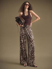 Ontre 2025 Autumn/Winter New Casual Fashion, Coffee Brown, Fashionable Leopard Print, Soft & Comfortable Velvet Fabric, Slim Straight Leg, Women's Elastic Wide-Leg Pants, Business Casual, Commuter, Daily Wear, Autumn/Winter, Y2K - Multicolor - View 2