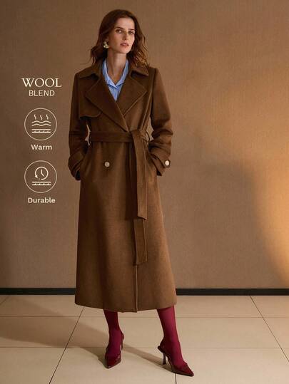 MOTF PREMIUM WOOL SOLID LAPEL COLLAR DOUBLE BREASTED PLACKET BELTED OVERCOAT