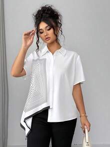 Elenzga Áo cánh tay ngắn họa tiết sọc đen trắng hình học cỡ lớn dành cho nữ, dáng rộng thoải mái, phong cách Pháp thanh lịch, dễ mặc khi đi làm - trắng - Xem 3