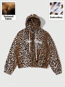 ROMWE MEN Street Life sweat-shirt à capuche en polaire avec imprimé léopard et texte anglais pour hommes, style de rue, automne/hiver - Marron - Voir 5