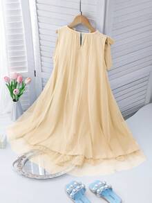 Vestido elegante de niña con volantes y decoración de perlas en malla - Amarillo - Ver 2