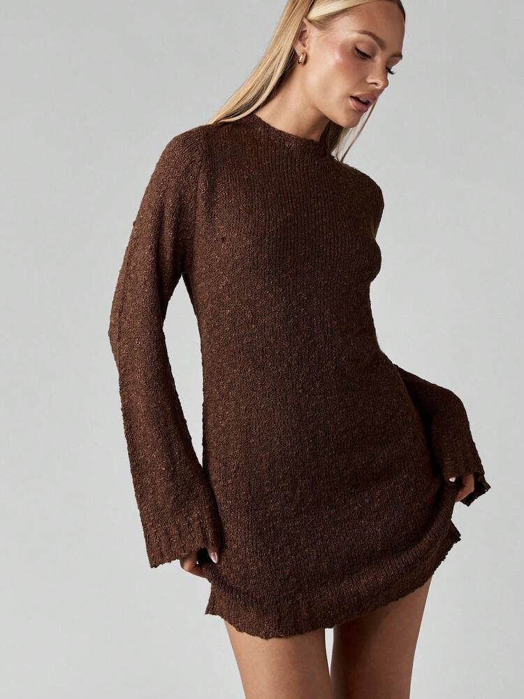 MISSGUIDED Cozy Knit Boucle Mini Dress Backless Tie Detail Winter Holiday Long Sleeve Sweater Dress High Neck Autumn Party Evening Wear