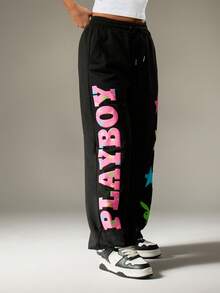 Missguided x Playboy Logo Joggers For Women Relaxed Fit Wide Leg Pants With Colorful Graphics And Drawstring Waist - Black - View 5