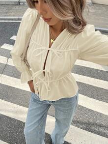SHEIN Frenchy Áo sơ mi nữ tay dài xếp ly đơn sắc, thường ngày - Vàng nhạt - Xem 5