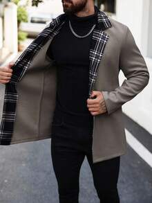Manfinity Homme Men's Plaid Patchwork Long Sleeve Jacket, Fashionable For Autumn/Winter - Khaki - View 7