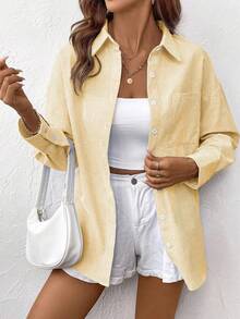 Chiquease 女式休闲条纹落肩长袖纽扣口袋衬衫 - 黃色 - 查看 4