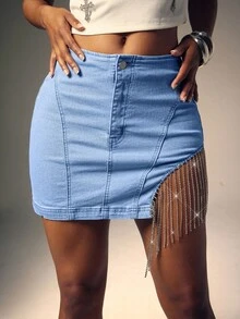 Denimoi Falda vaquera casual con flecos, estilo callejero para mujer - Azul - Ver 5