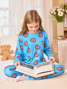 2pcs/Set Girls Blue Heart Print Crew Neck Long Sleeve T-Shirt + Pants Pajama Set, Autumn/Winter Girls Casual Loungewear Or Sleepwear Girls Sleepwear Set Kids Pajama Set Kids Heart Print Pajama Set Long Sleeve Pajama Set Teen Girl Pajama Sets - Blue - View 4