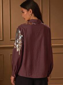 Lilora Women's Fashionable Casual Commuter Sequins Button Shirt Fall Clothes For Women Elegant And Dignified Officework,Events,Daily,Vacation - Brown - View 3