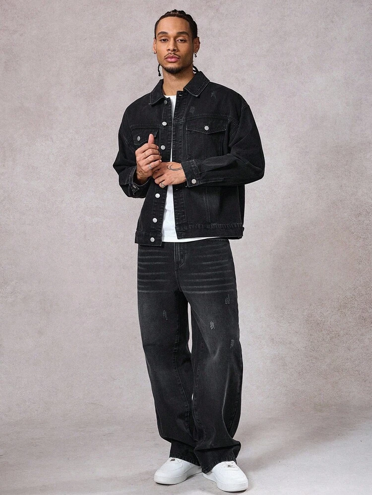 Men's Black Washed Distressed Jacket Set, Autumn