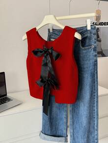 Elamini Áo len chui đầu không tay thắt nơ màu tương phản dành cho nữ - Đỏ - Xem 4