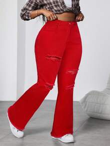 Dripcurv Calça jeans flare preta plus size com detalhes destroyed e stretch, legging jeans estilo streetwear feminino, moderna, grunge punk, streetwear, jeans Y2K para volta às aulas e look casual. - Vermelho - Ver 4