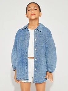 Radiana 青少年女孩 Y2K 休闲石洗落肩宽松柔软牛仔衬衫，青少年女孩返校服装套装