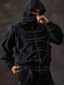 ROMWE MEN Street Life Spring/Summer Casual Graphic Men'S Kpop Fashionable Avant Vintage Frayed Hooded Denim Jacket, Fall - Black - View 8