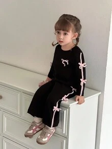 SHEIN Baby Girl Casual Set With Bow Decor Round Neck Long Sleeve T-Shirt And Pants, Autumn Fall Winter - Black - View 1