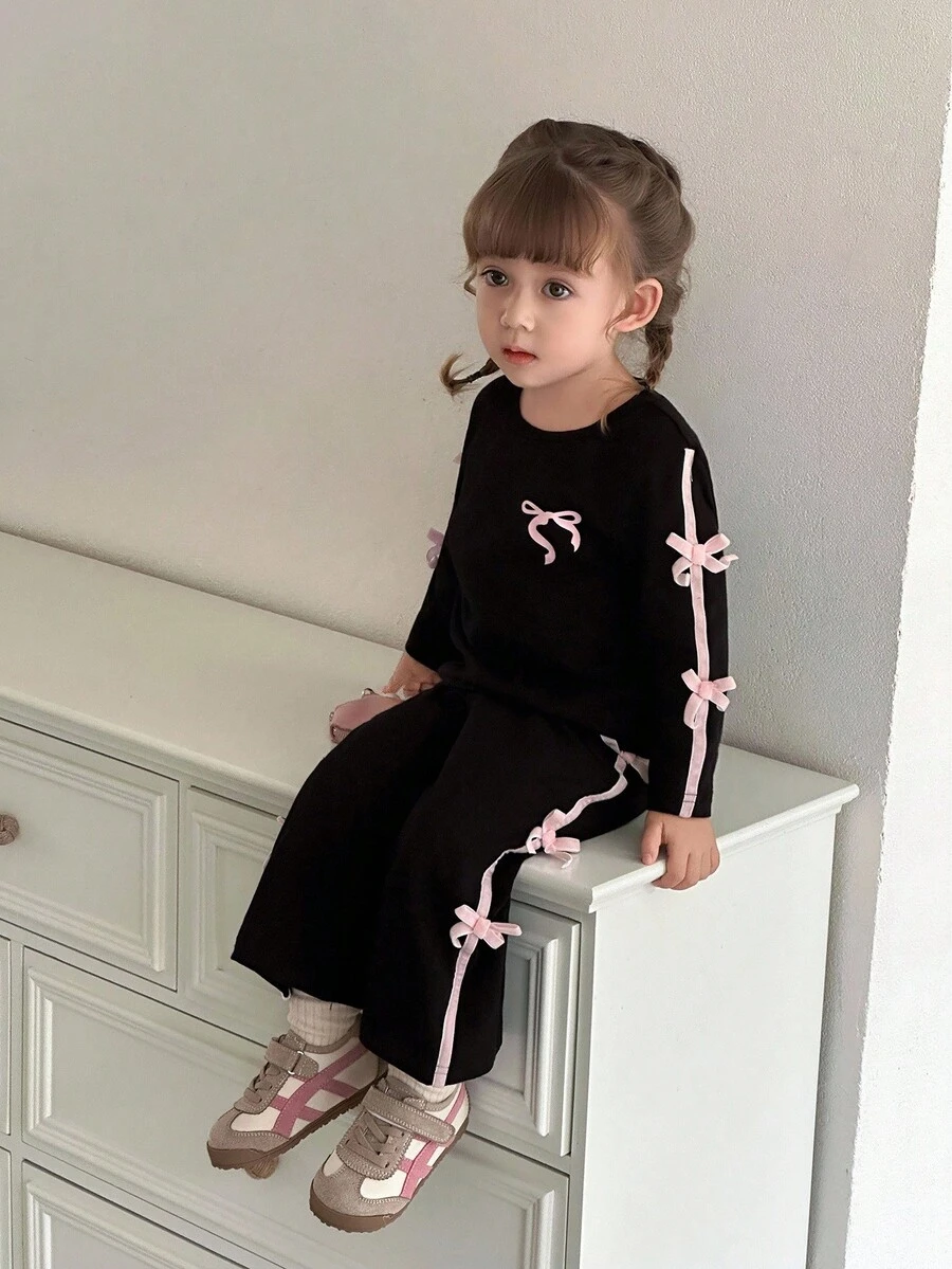 SHEIN Baby Girl Casual Set With Bow Decor Round Neck Long Sleeve T-Shirt And Pants, Autumn Fall Winter - Black - View 1