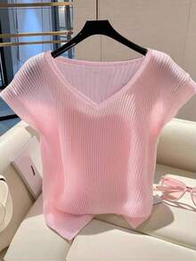 INAWLY 大码金属装饰纯色T恤，夏季休闲装 - 粉色 - 查看 1