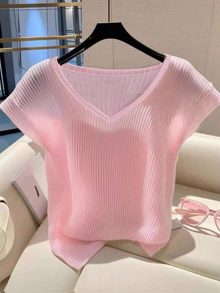 INAWLY 大码金属装饰纯色T恤，夏季休闲装 - 粉色 - 查看 1