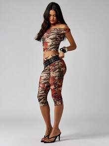 MISSGUIDED Floral Animal Print Two Piece Co-Ord Set Off Shoulder Crop Top And Capri Pants Festival Summer Party Casual Outfit - Multicolor - View 1