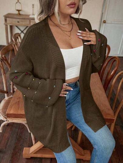 SHEIN LUNE Plus Size Casual Vacation Lantern Sleeve Cardigan With Pom Pom Decor