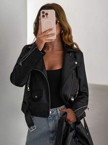 EURMUSE Zip Up PU Belted Detailed Leather Moto Jacket, For Autumn/Winter - Black - View 7
