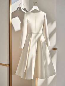 INAWLY 优雅度假束腰金属扣腰带连衣裙，休闲女式长袖连衣裙 - 米色 - 查看 2