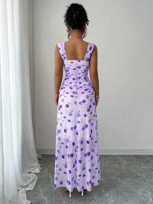 Elenzga New Women's Square Neck Mesh Floral Print Waist Ruched A-Line Dress, Elegant For Dates, Vacation, Waist Cinching, Flattering, Spring/Summer - Purple - View 2