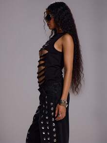 MUSERA 极致做旧斜裁长款背心，性感优雅，适合外出、反乌托邦派对、优雅假期、春夏夜生活等场合。 - 黑色 - 查看 3