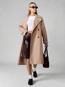 MISSGUIDED 女式双排扣风衣经典秋冬长款系带外套休闲商务办公装及膝轻便职业大衣 - 卡其色 - 查看 7