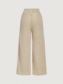 SHEIN MOD 女士杏色腰带罗纹休闲阔腿针织裤，适合秋季、冬季、外出、时尚、优雅、乡村音乐会等场合 - 杏色 - 查看 2