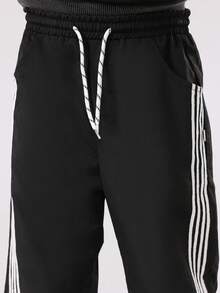 SUMWON 青少年男孩运动裤，白色条纹运动慢跑风格，撞色拼接细节，弹性袖口，运动裤，休闲羊毛，保暖冬季 - 黑色 - 查看 6