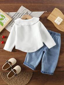 SHEIN 女婴可爱毛绒樱桃夹克和樱桃印花牛仔裤两件套，秋冬 - 白色 - 查看 2