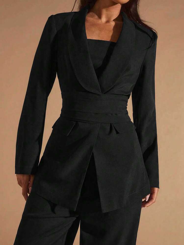 Glamine 3pcs Women's Brown Shawl Neck Suit Set, Women's Casual Commuter Versatile Suit Set, Suitable For Office, Commute, Outing, Loose Casual Suit Set Blazer Set Women Suit Set Black 3-Piece Belted Shawl Collar Blazer Set  Elegant Belted Blazer + Strapless Crop Top + High Waist Wide Leg Pants Chic Office Casual Belted Blazer Co-Ord Set Spring Office Professional Formal Suit Date Night Romantic Formal Suit Solid Black / Jet Black Color Palette 3-Piece Belted Blazer Suit Set Style Classic Black Modest Fo - Black - View 8