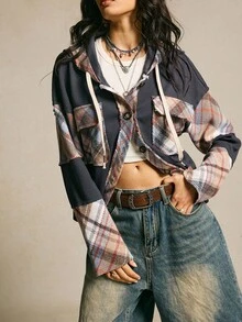 SoleilVie 女式格子拼布宽松夹克 - 深灰色 - 查看 5