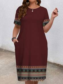 Mellowie Plus Size Women's Round Neck Short Sleeve Stripe Retro Print Dress, Suitable For Spring Summer Vacation Chic Dress - Multicolor - View 6