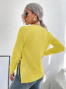 EMERY ROSE Suéter casual de unicolor con abertura lateral y cordones - Amarillo - Ver 2