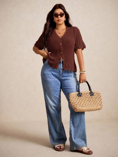 Elaquor Cárdigan informal de manga corta de unicolor talla grande