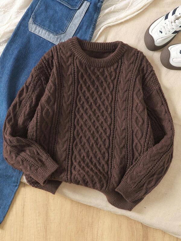 SHEIN Teen Girls' Brown Crew Neck Cable Knit Casual Pullover Sweater Fall Winter