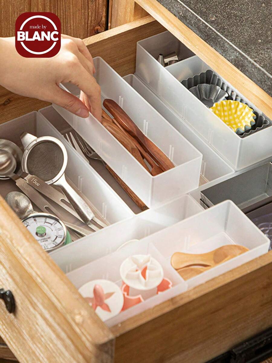 Madebyblanc 1 pieza Caja de almacenamiento estilo japonés simple con divisor - Organizador de mesa con estante escarchado para vajilla, cosméticos, divisor de cajón - Blanco - Ver 1