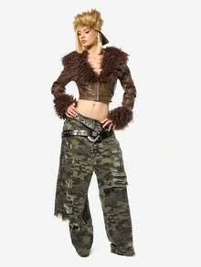 SUMWON WOMEN Women's Cropped Leather Jacket With Fur Trim Collar And Cuffs Punk Rock Festival Fashion Winter Outerwear Distressed Brown Biker Style - Brown - View 3