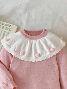 SHEIN Baby Girl Contrast Color Round Neck Long Sleeve Fuzzy Ball Decor Ruffle Casual Sweater Romper Fall Winter - Dusty Pink - View 3