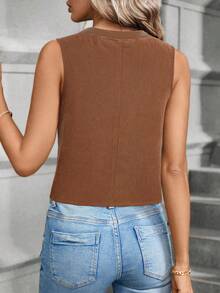 SHEIN Clasi Áo khoác vest không tay cổ chữ V cài nút phía trước màu trơn dành cho nữ - Màu nâu  Mocha - Xem 2