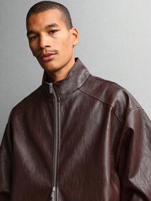 SUMWON Chaqueta bomber de piel sintética con diseño acolchado, cremallera, cuello y puños de canalé, moda de invierno y otoño - Café integral - Ver 3