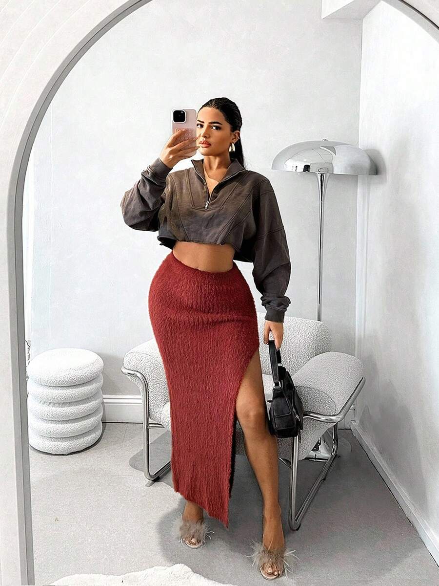 Sirith Autumn/Winter Fitted High Slit Knit Skirt - Brown - View 1