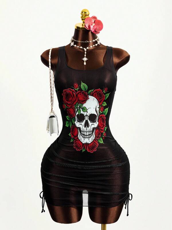 Zestiva Nuevo Llegada Caliente Vestido de Cubierta de Playa de Traje de Baño de Halloween para Mujeres, Estampado Punk de Calavera y Floral con Lazo Lateral