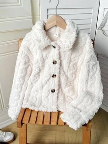 SHEIN Serisse Kids 少女双面纯色米色长袖外套，适合秋冬季日常休闲穿着、返校季、冬季女童装、母女亲子装，时尚秋季母女毛绒外套