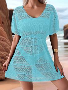 SHEIN Swim Vestido de cubre encaje transparente de unicolor con diseño hueco para la playa para mujer